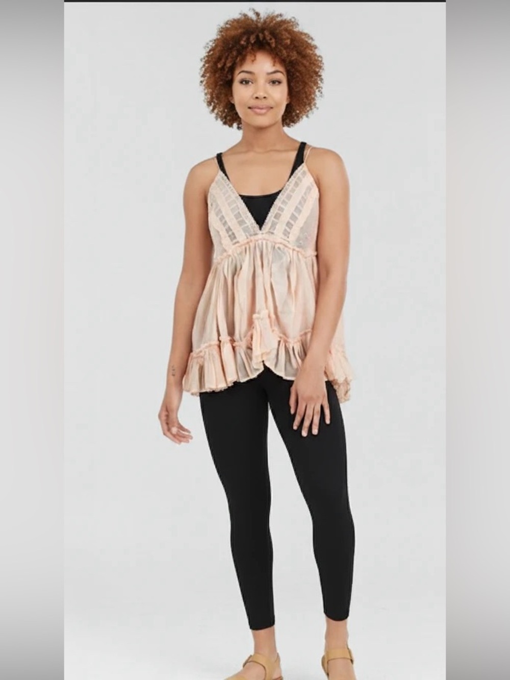 Rebellion Again Blouse - Womens Peach Ruffle Camisole Lace V-neck